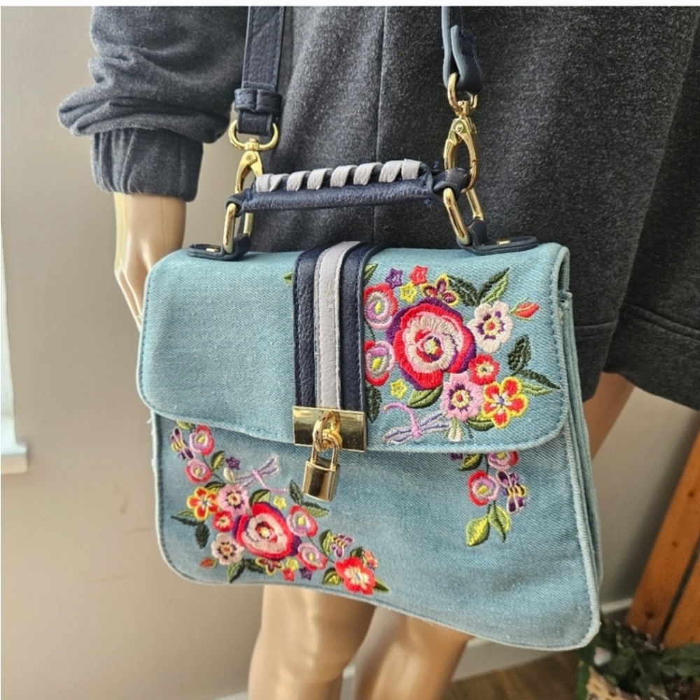 Floozie crossbody bag by Frost French blue denim jean embroidered floral - Picture 2 of 13